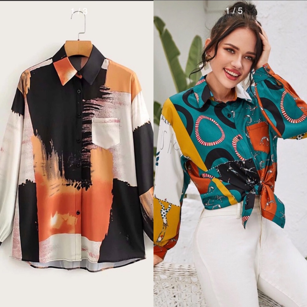 Graphic Random Front Pocket Button up Blouse